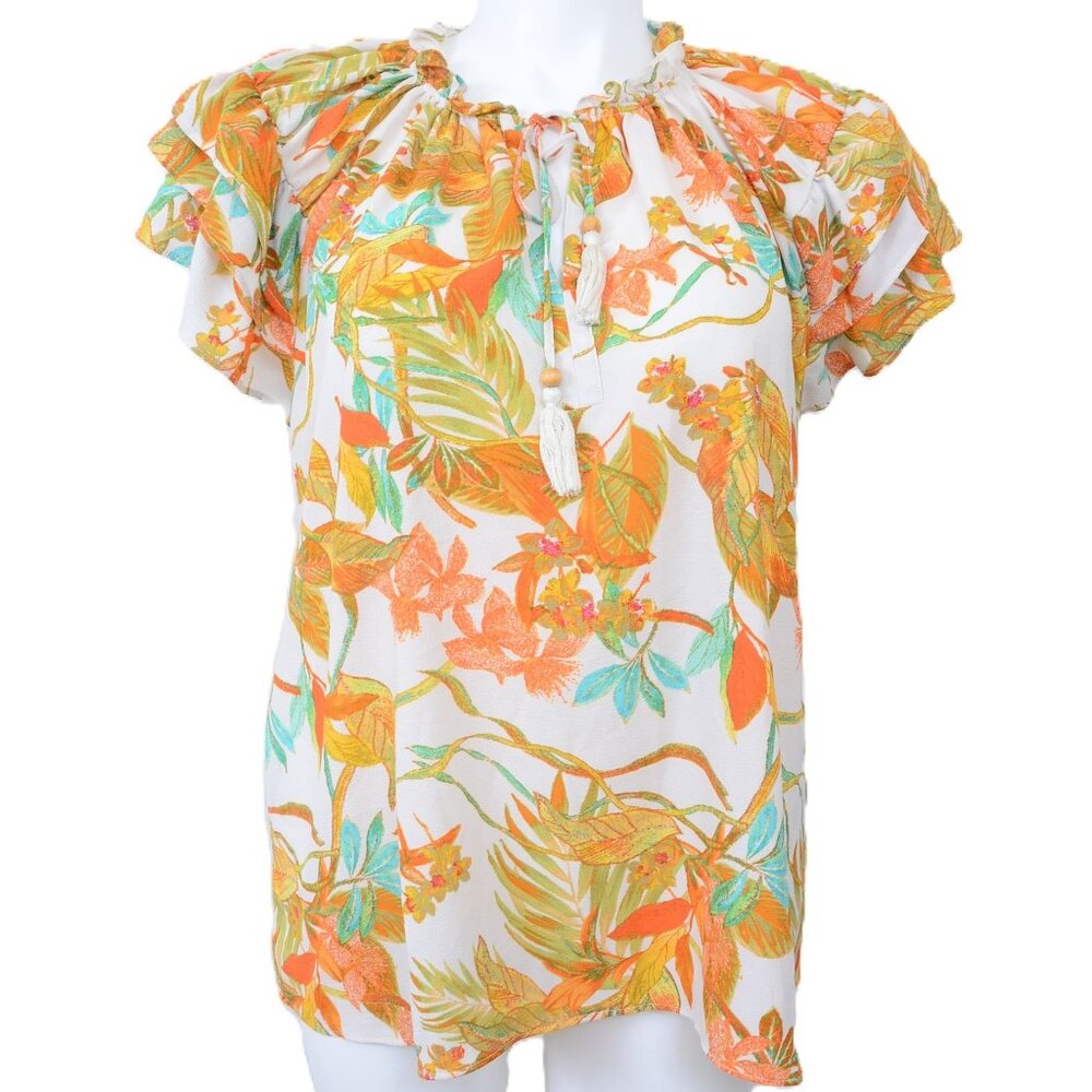 Rose & Olive Plus Size 1X Floral Feminine Flutter Sleeve Ruffle Neck Blouse Top